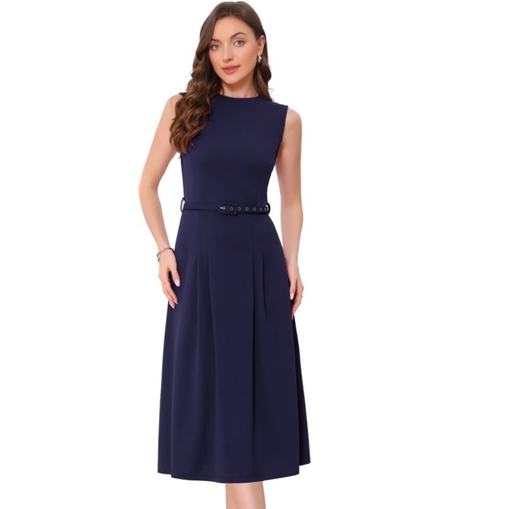 Women's Work Dress Sleeveless Crew Neck A-Line Office Dress Navy Blue